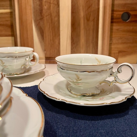 Hutschenreuther “Sylvia” Footed Teacup & Saucer Set (2) Ornate Handle Gold Trim